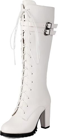 BEAUPAS Women's Knee High Combat Boots Lace-Up Chunky Block Heel Double Buckle Tall Boots in Saudi Arabia