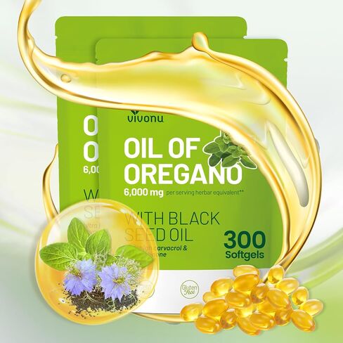 VivoNu Oil of Oregano with Black Seed Oil, Balanced Oil of Oregano Capsules, Organic Oregano Oil Softgels, Non-GMO(300 Count/1 Pack) in Kuwait
