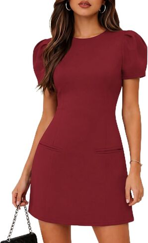POTILI Women's Puff Sleeve Mini Dress, Crew Neck Bodycon Dress for Casual Party Cocktail in Kuwait
