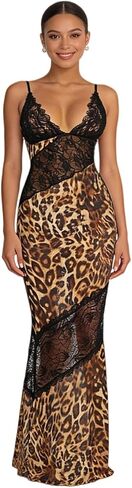 Women’s See Through Mesh Leopard Print Maxi Dress Sexy Lace V Neck Bodycon Long Dress Party Club Dresses in Kuwait