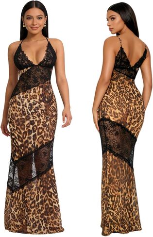 Women’s See Through Mesh Leopard Print Maxi Dress Sexy Lace V Neck Bodycon Long Dress Party Club Dresses in Kuwait