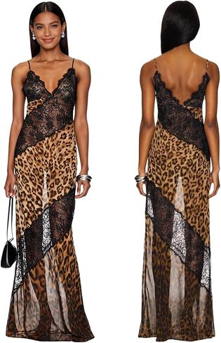 Women’s See Through Mesh Leopard Print Maxi Dress Sexy Lace V Neck Bodycon Long Dress Party Club Dresses in Kuwait