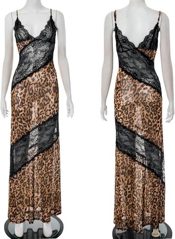 Women’s See Through Mesh Leopard Print Maxi Dress Sexy Lace V Neck Bodycon Long Dress Party Club Dresses in Kuwait