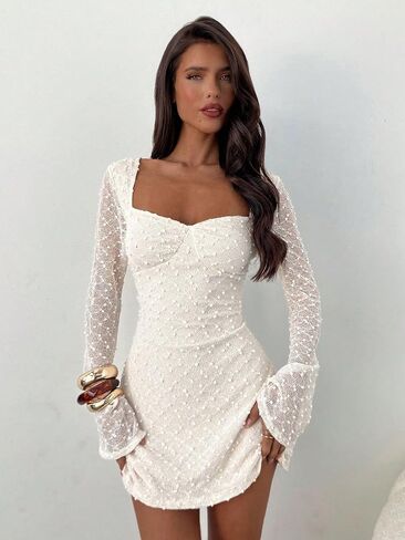 Women's White Sequin Mini Dress with Long Lace Sleeves, Sweetheart Neckline, Bodycon Fit in Kuwait
