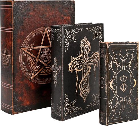 Vintage Gothic Book Box Set, 3 Decorative Faux Leather Storage Boxes with Hidden Compartments, Antique Style Book-Shaped Organizers, Black and Bronze, 13/10.3/8.2 Inch in Saudi Arabia