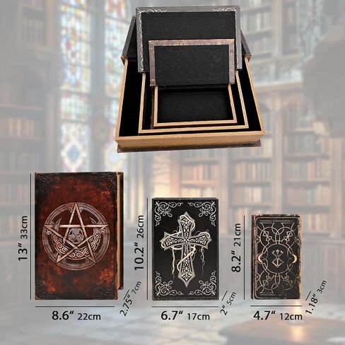 Vintage Gothic Book Box Set, 3 Decorative Faux Leather Storage Boxes with Hidden Compartments, Antique Style Book-Shaped Organizers, Black and Bronze, 13/10.3/8.2 Inch in Saudi Arabia