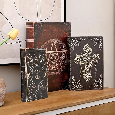 Vintage Gothic Book Box Set, 3 Decorative Faux Leather Storage Boxes with Hidden Compartments, Antique Style Book-Shaped Organizers, Black and Bronze, 13/10.3/8.2 Inch in Saudi Arabia