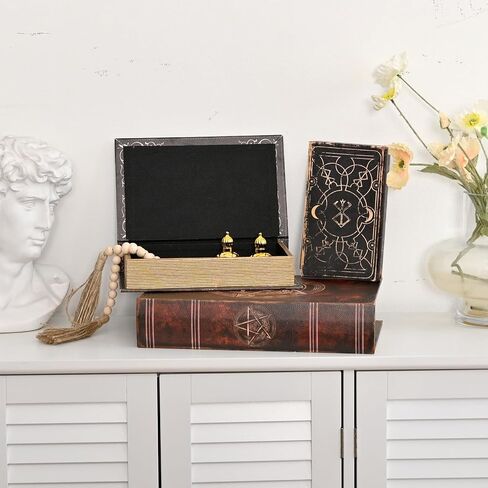 Vintage Gothic Book Box Set, 3 Decorative Faux Leather Storage Boxes with Hidden Compartments, Antique Style Book-Shaped Organizers, Black and Bronze, 13/10.3/8.2 Inch in Saudi Arabia