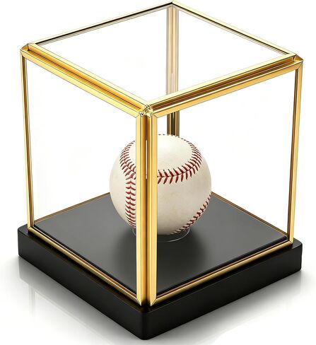 Glass Display Box, Small Display Case with Gold Rim, Black Wood Base, Dust Proof Showcase Cube Memory Box for Collectibles, Plants, Figurine, Model, 3.3x3.3x3.6 Inch in Saudi Arabia