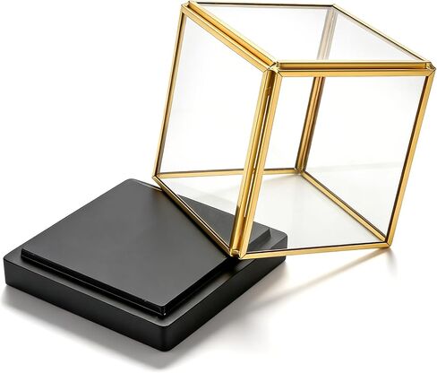 Glass Display Box, Small Display Case with Gold Rim, Black Wood Base, Dust Proof Showcase Cube Memory Box for Collectibles, Plants, Figurine, Model, 3.3x3.3x3.6 Inch in Saudi Arabia