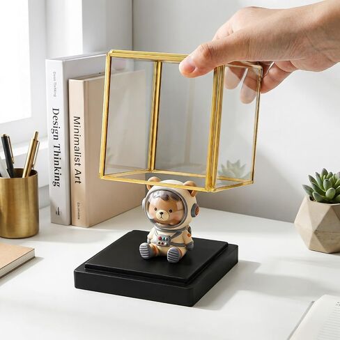 Glass Display Box, Small Display Case with Gold Rim, Black Wood Base, Dust Proof Showcase Cube Memory Box for Collectibles, Plants, Figurine, Model, 3.3x3.3x3.6 Inch in Saudi Arabia