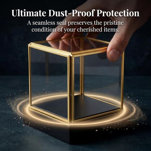 Glass Display Box, Small Display Case with Gold Rim, Black Wood Base, Dust Proof Showcase Cube Memory Box for Collectibles, Plants, Figurine, Model, 3.3x3.3x3.6 Inch in Saudi Arabia