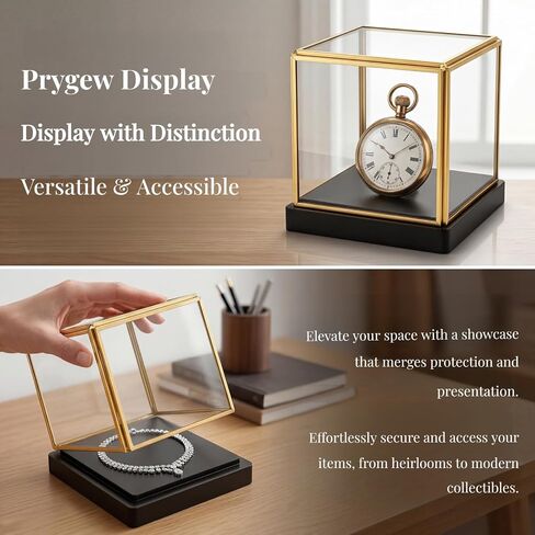 Glass Display Box, Small Display Case with Gold Rim, Black Wood Base, Dust Proof Showcase Cube Memory Box for Collectibles, Plants, Figurine, Model, 3.3x3.3x3.6 Inch in Saudi Arabia