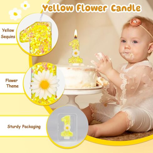 Birthday Candle 1, Yellow Flower Number 1 Candle 1st Candles for Cake Sunflower Theme Birthday Anniversary Cake Topper Decorations Candle Party Supplies(Yellow,1) in Saudi Arabia