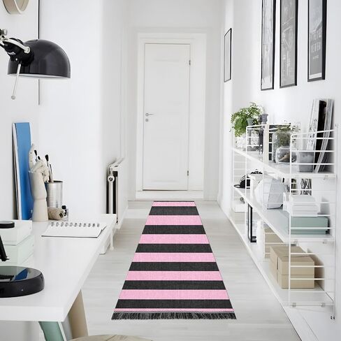 سجادة Bolaz Hallway Runner، نمط خطوط عمودية باللونين الوردي والأسود، ممسحة طويلة للأماكن الداخلية مقاس 24 بوصة × 72 بوصة غير قابلة للانزلاق فائقة النعومة لغرفة النوم والحمام وغرفة المعيشة in Kuwait