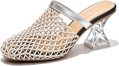 Fishinet Clear Heeled Sandals Fashion Comfort Closed Square Toe Slip On Ankle Strap Braid Mesh Slingback Kitten Heel Mule Sandals Daily Summer Beach Leisure in Saudi Arabia
