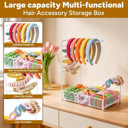 Hair Accessories Organizer, Versatile Headband Holder Stand Divided Storage Box for Scrunchies, Hair Clips, Hair Ties, Hair Claw Clips, Hair Accessories Storage Stand for Girls Women (White) in Saudi Arabia