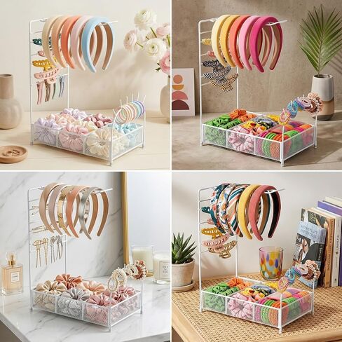 Hair Accessories Organizer, Versatile Headband Holder Stand Divided Storage Box for Scrunchies, Hair Clips, Hair Ties, Hair Claw Clips, Hair Accessories Storage Stand for Girls Women (White) in Saudi Arabia
