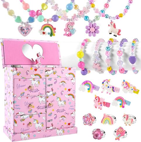 Unicorn Music Jewelry Box for girls with 21PCS Jewelrys - 5 Necklaces, 5 Bracelets, 5 Rings, 5 Hair Clips, Little Girls Jewelry Kids Mermaid Necklace for girls, Toddler Birthday Christmas Gift Age 3 4 6 8 in Saudi Arabia
