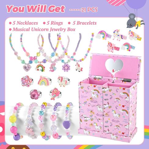 Unicorn Music Jewelry Box for girls with 21PCS Jewelrys - 5 Necklaces, 5 Bracelets, 5 Rings, 5 Hair Clips, Little Girls Jewelry Kids Mermaid Necklace for girls, Toddler Birthday Christmas Gift Age 3 4 6 8 in Saudi Arabia