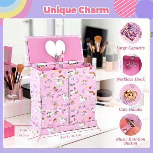 Unicorn Music Jewelry Box for girls with 21PCS Jewelrys - 5 Necklaces, 5 Bracelets, 5 Rings, 5 Hair Clips, Little Girls Jewelry Kids Mermaid Necklace for girls, Toddler Birthday Christmas Gift Age 3 4 6 8 in Saudi Arabia
