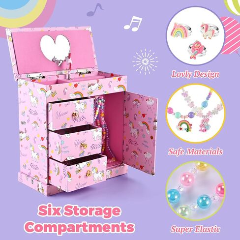 Unicorn Music Jewelry Box for girls with 21PCS Jewelrys - 5 Necklaces, 5 Bracelets, 5 Rings, 5 Hair Clips, Little Girls Jewelry Kids Mermaid Necklace for girls, Toddler Birthday Christmas Gift Age 3 4 6 8 in Saudi Arabia