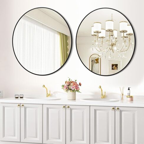 24 Inch Black Round Wall Mirror, Modern Metal Frame for Bathroom, Living Room, Bedroom Decor in Saudi Arabia