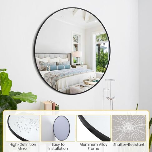 24 Inch Black Round Wall Mirror, Modern Metal Frame for Bathroom, Living Room, Bedroom Decor in Saudi Arabia