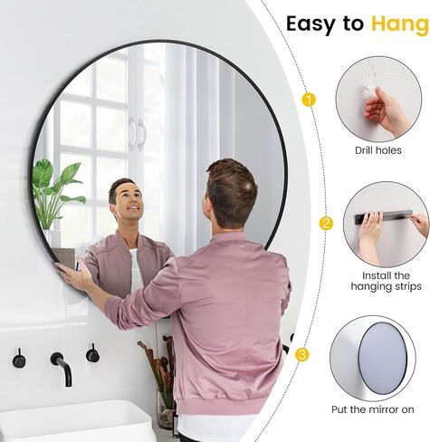 24 Inch Black Round Wall Mirror, Modern Metal Frame for Bathroom, Living Room, Bedroom Decor in Saudi Arabia