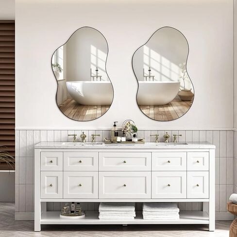 32"x20" Frameless Asymmetrical Irregular Bathroom Mirror, Wavy Vanity Wall Mirror for Modern Bathroom, Bedroom, Entryway, Living Room Decor in Saudi Arabia