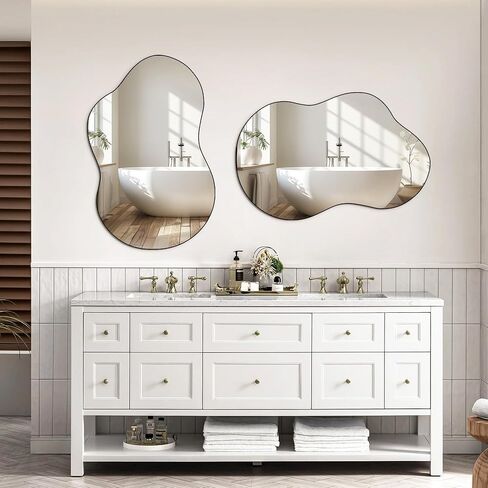 32"x20" Frameless Asymmetrical Irregular Bathroom Mirror, Wavy Vanity Wall Mirror for Modern Bathroom, Bedroom, Entryway, Living Room Decor in Saudi Arabia