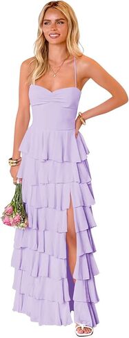 Tiered Bridesmaid Dresses Spaghetti Straps Chiffon Ruffle Prom Formal Evening Dress with Slit in Saudi Arabia