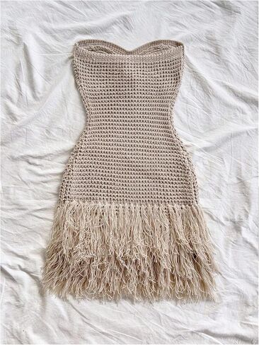 SweatyRocks Women's Boho Summer Vacation Strapless Crochet Fringe Tube Top Mini Dress in Saudi Arabia