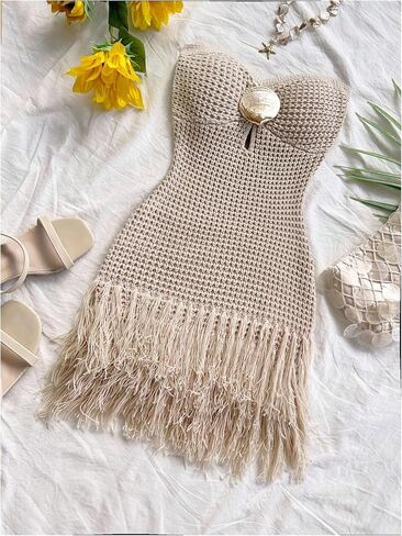 SweatyRocks Women's Boho Summer Vacation Strapless Crochet Fringe Tube Top Mini Dress in Saudi Arabia