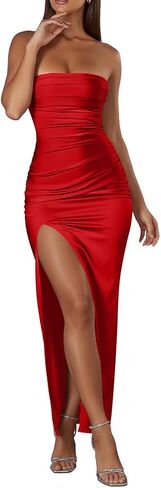 XXTAXN Womens Summer Strapless Ruched Sleeveless Wedding Guest Stain Slit Bodycon Maxi Dress in Saudi Arabia