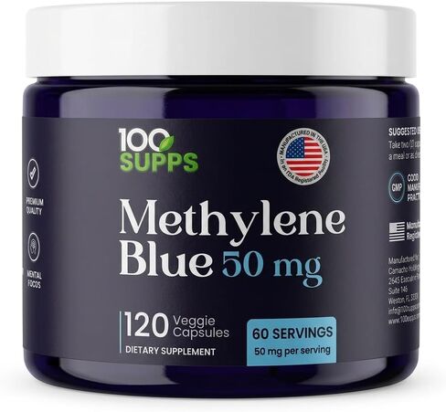 Methylene Blue Capsules 50 mg, 120 Veggie Capsules, 60 Servings, Pre-Measured Daily Capsule Format, Third-Party Tested, Manufactured in USA in Saudi Arabia