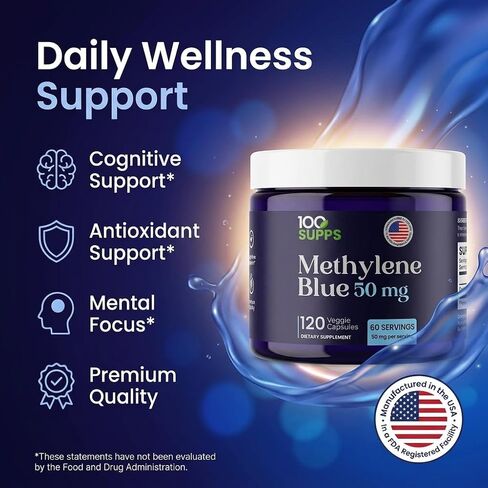 Methylene Blue Capsules 50 mg, 120 Veggie Capsules, 60 Servings, Pre-Measured Daily Capsule Format, Third-Party Tested, Manufactured in USA in Saudi Arabia