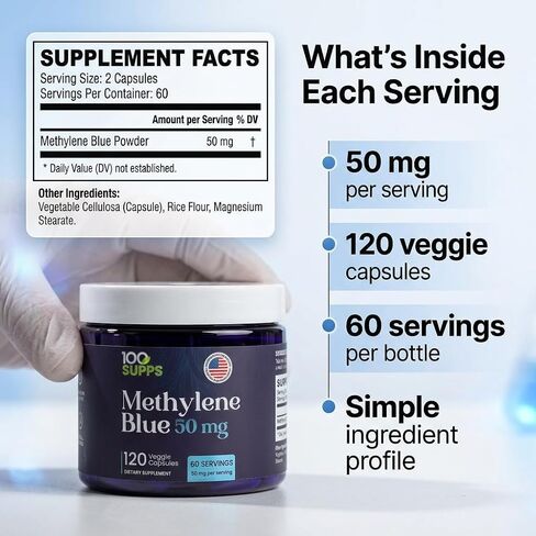 Methylene Blue Capsules 50 mg, 120 Veggie Capsules, 60 Servings, Pre-Measured Daily Capsule Format, Third-Party Tested, Manufactured in USA in Saudi Arabia