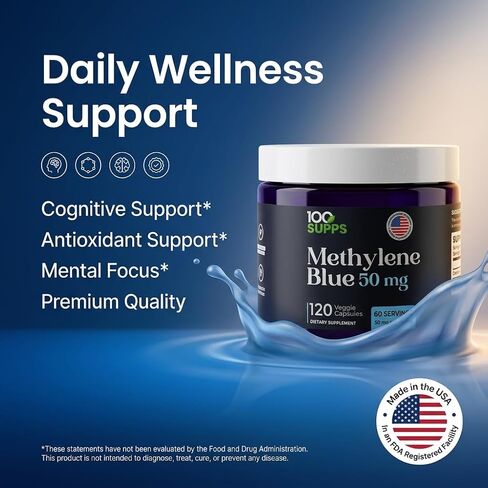 Methylene Blue Capsules 50 mg, 120 Veggie Capsules, 60 Servings, Pre-Measured Daily Capsule Format, Third-Party Tested, Manufactured in USA in Saudi Arabia