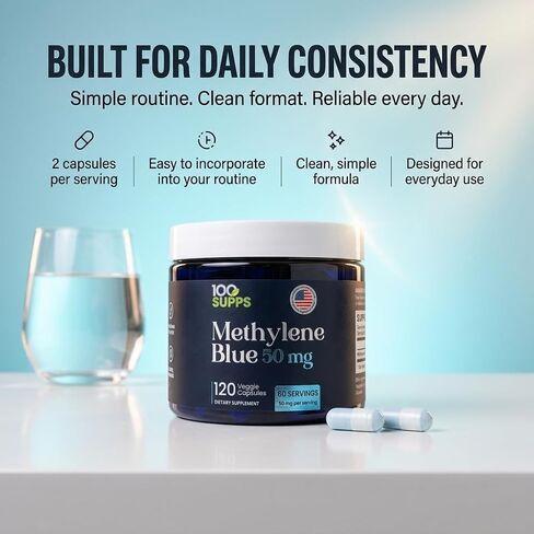 Methylene Blue Capsules 50 mg, 120 Veggie Capsules, 60 Servings, Pre-Measured Daily Capsule Format, Third-Party Tested, Manufactured in USA in Saudi Arabia