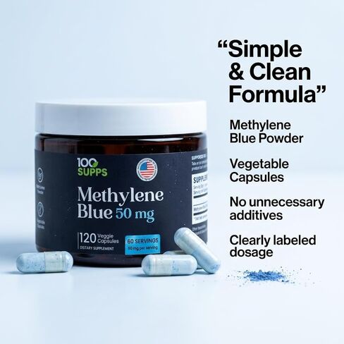Methylene Blue Capsules 50 mg, 120 Veggie Capsules, 60 Servings, Pre-Measured Daily Capsule Format, Third-Party Tested, Manufactured in USA in Saudi Arabia