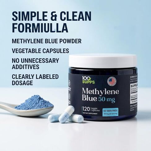 Methylene Blue Capsules 50 mg, 120 Veggie Capsules, 60 Servings, Pre-Measured Daily Capsule Format, Third-Party Tested, Manufactured in USA in Saudi Arabia
