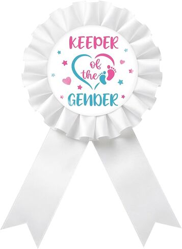 Keeper of the Gender Tinplate Badge Pin - Blue and Pink Gender Reveal Brooch Pin, White Rosette Team Boy or Girl Award Ribbon Button, Foorprint Baby Shower/Pregnancy Announcement Party Decoration in Saudi Arabia