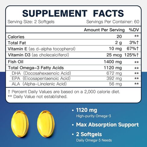 Omega-3 Fish Oil Mini Softgels, 1120mg Omega 3 with DHA + EPA - Burpless, Easy-to-Swallow - Supports Heart, Brain & Eye Health - with Vitamin D3 & E - Wild-Caught, Non-GMO-120 Softgels in Saudi Arabia