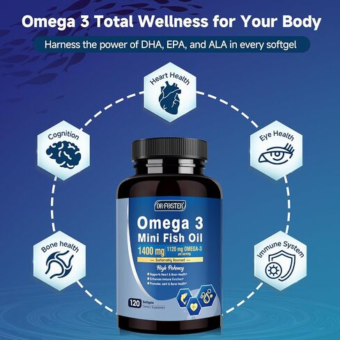 Omega-3 Fish Oil Mini Softgels, 1120mg Omega 3 with DHA + EPA - Burpless, Easy-to-Swallow - Supports Heart, Brain & Eye Health - with Vitamin D3 & E - Wild-Caught, Non-GMO-120 Softgels in Saudi Arabia