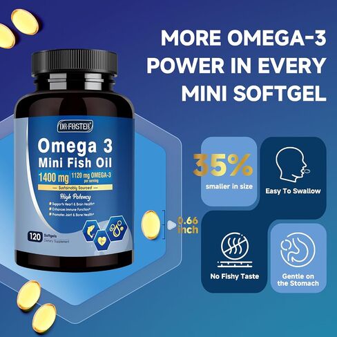 Omega-3 Fish Oil Mini Softgels, 1120mg Omega 3 with DHA + EPA - Burpless, Easy-to-Swallow - Supports Heart, Brain & Eye Health - with Vitamin D3 & E - Wild-Caught, Non-GMO-120 Softgels in Saudi Arabia
