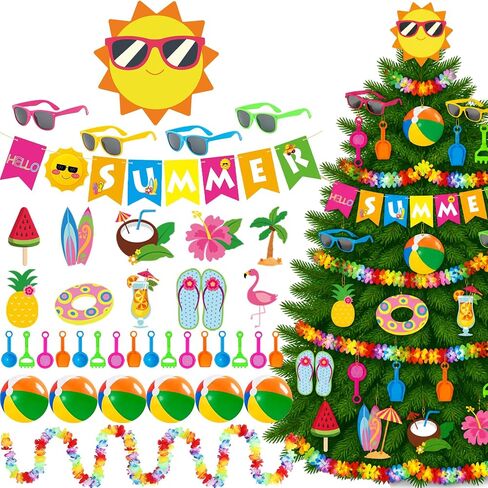 35 Pcs Summer Christmas Tree Ornaments Decorations Sun Tree Topper Mini Beach Sand Shovels Beach Ball Hanging Ornaments Tropical Flower Ribbon Hello Summer Banner for Hawaiian Luau Holiday Party in Saudi Arabia