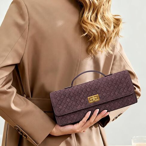 Women's Handmade Woven Evening Bag Leather Clutch Handbag Fashion Crossbody Purse Wine Red-Suede in Saudi Arabia