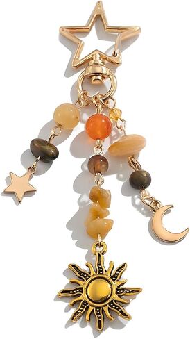 Boho Sun Moon Star Keychain for Women, Gemstone Crystal Key Ring, Bohemian Tassel Purse Charm, Spiritual Astrology Gift for Bag Car Keys in Saudi Arabia