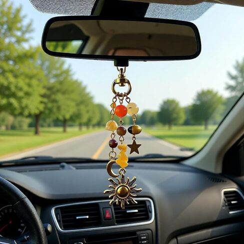 Boho Sun Moon Star Keychain for Women, Gemstone Crystal Key Ring, Bohemian Tassel Purse Charm, Spiritual Astrology Gift for Bag Car Keys in Saudi Arabia